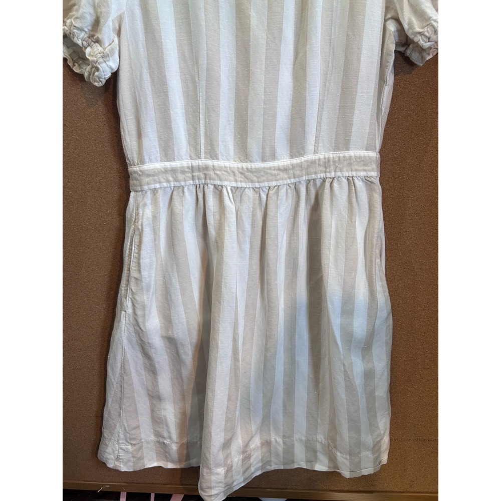 LOFT Striped Button Front Dress Womens 8 Beige White Puff Sleeve Excellent - Picture 6 of 6